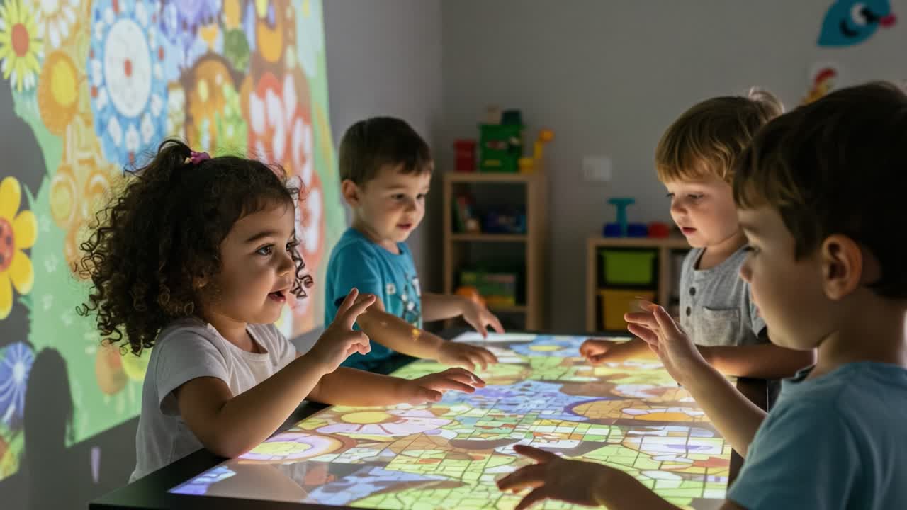 Engaging Learning through Play: Children Interacting with a Colorful, Interactive Display in a Joyful Classroom Setting