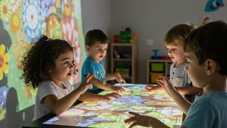 engaging learning through play: children interacting with a colorful, interactive display in a joyful classroom setting