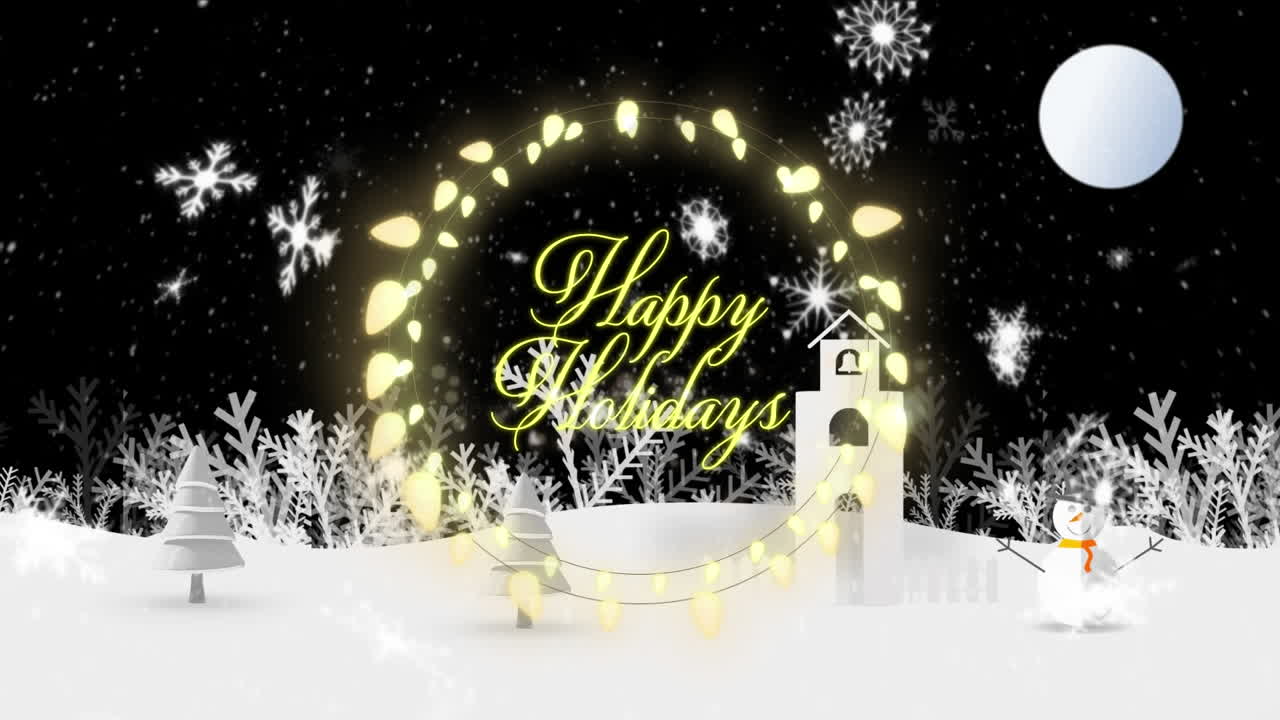 겨울 풍경에 대한 행복한 휴일 텍스트 위에 떨어지는 눈송이