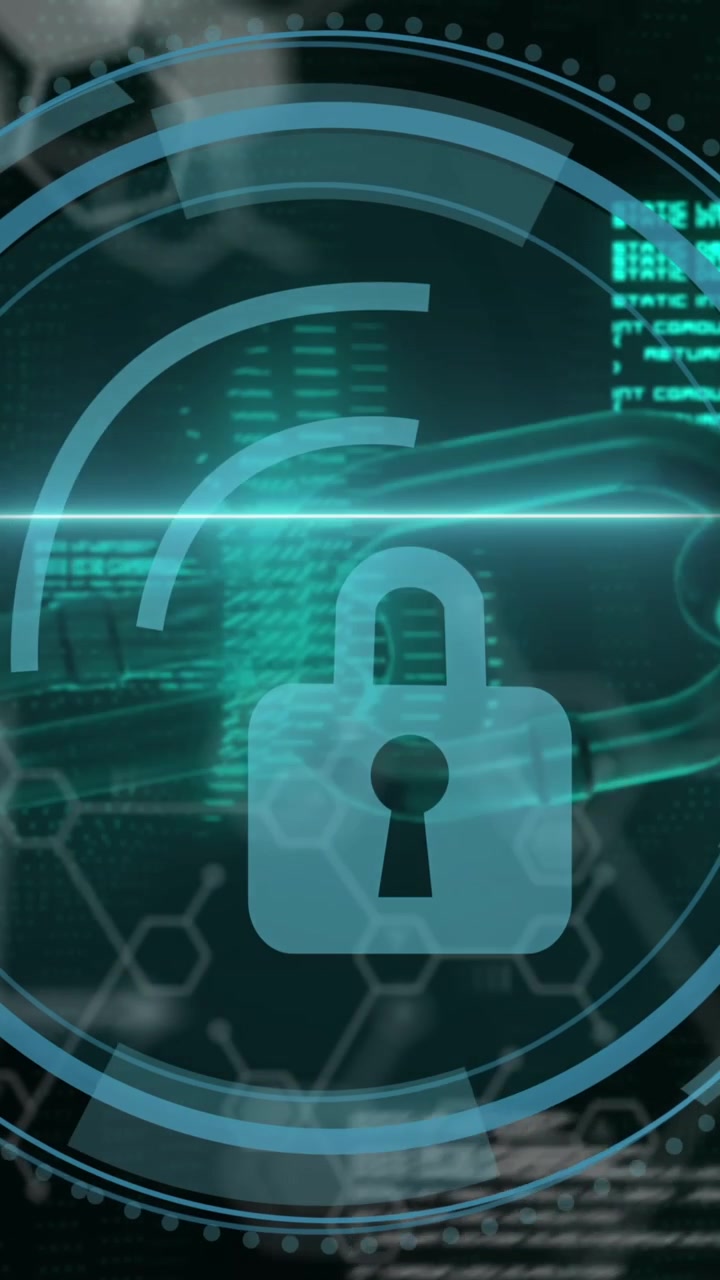 Animazione di elaborazione dati e catena su sfondo nero