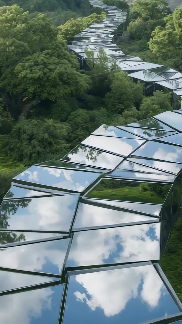 Vertical video: Drone lifting camera moving to reveal glass walkway in forest, mirroring clouds