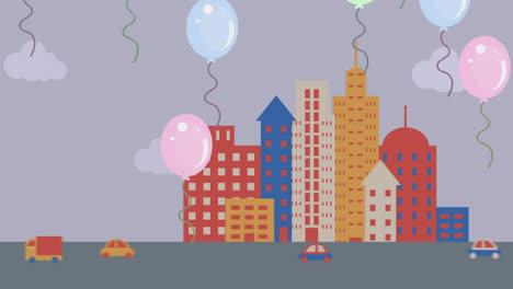 animation of multicolored flying balloons and moving vehicles against skyscrapers