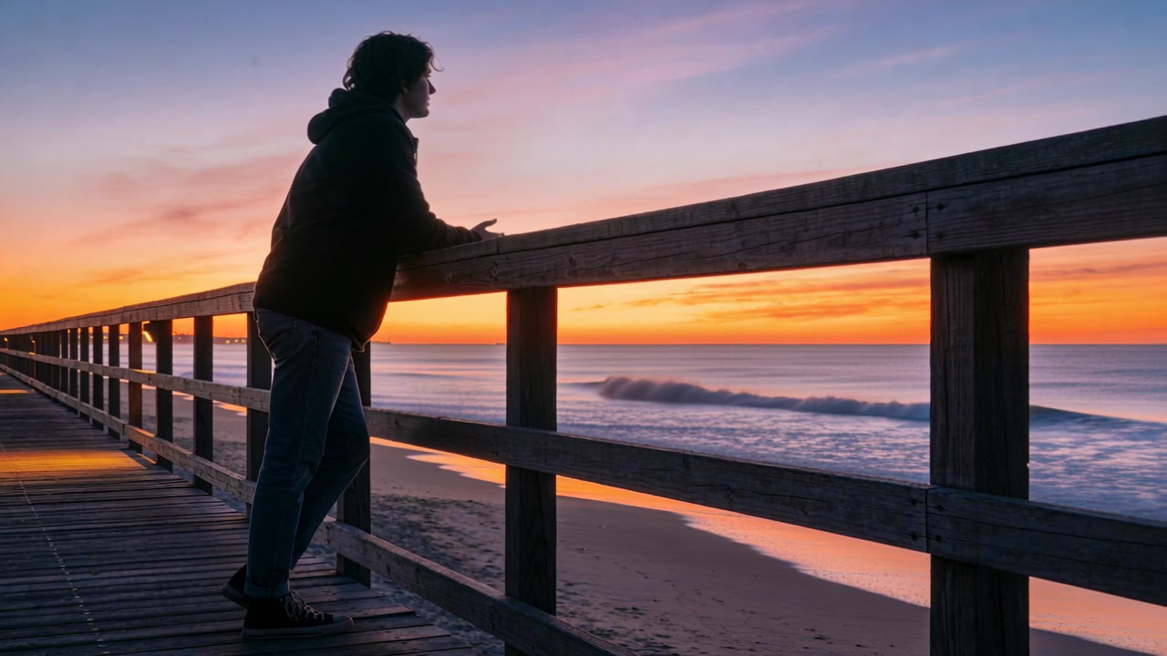 Walking person in dark hoodie leaning on pier railing as sun sets, watching sea, copy space