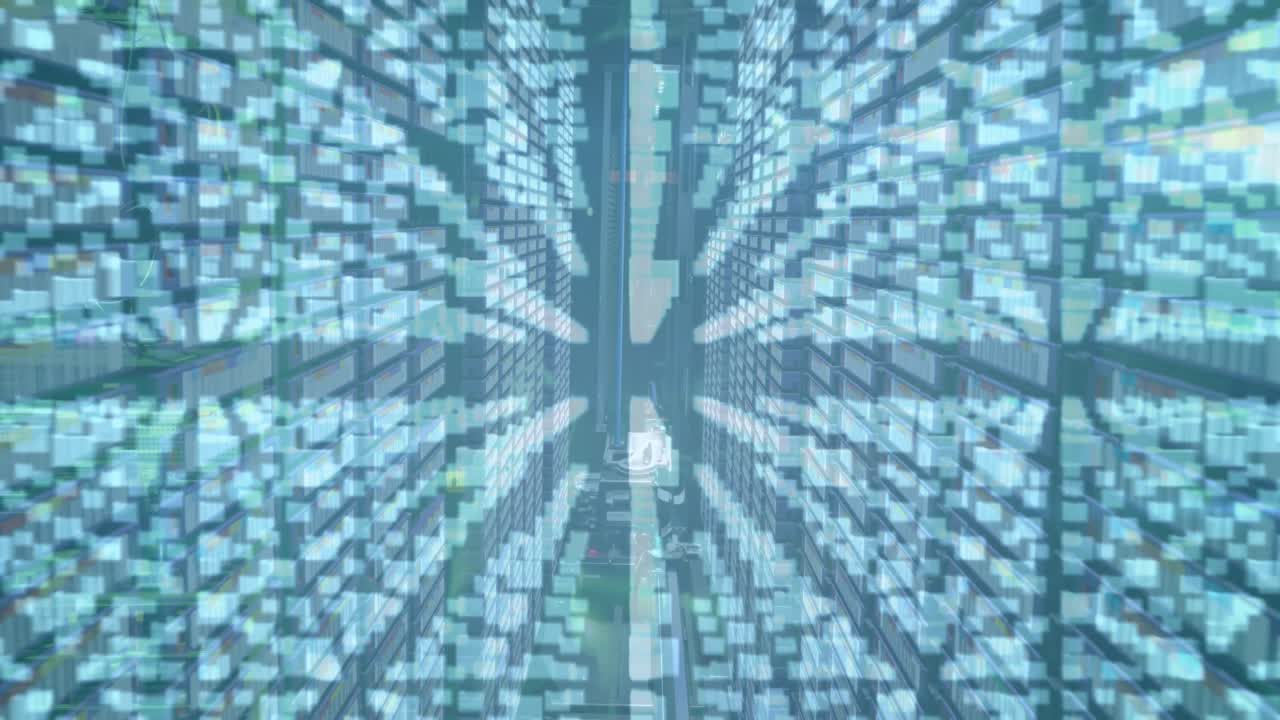 Animation of data processing and online security padlock with circuit board over computer servers