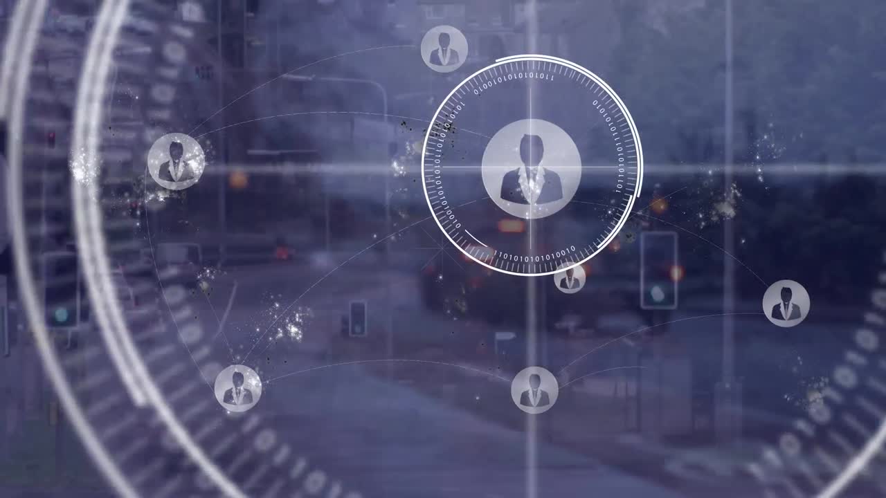 animación de iconos de usuario y conexiones sobre el tráfico por carretera