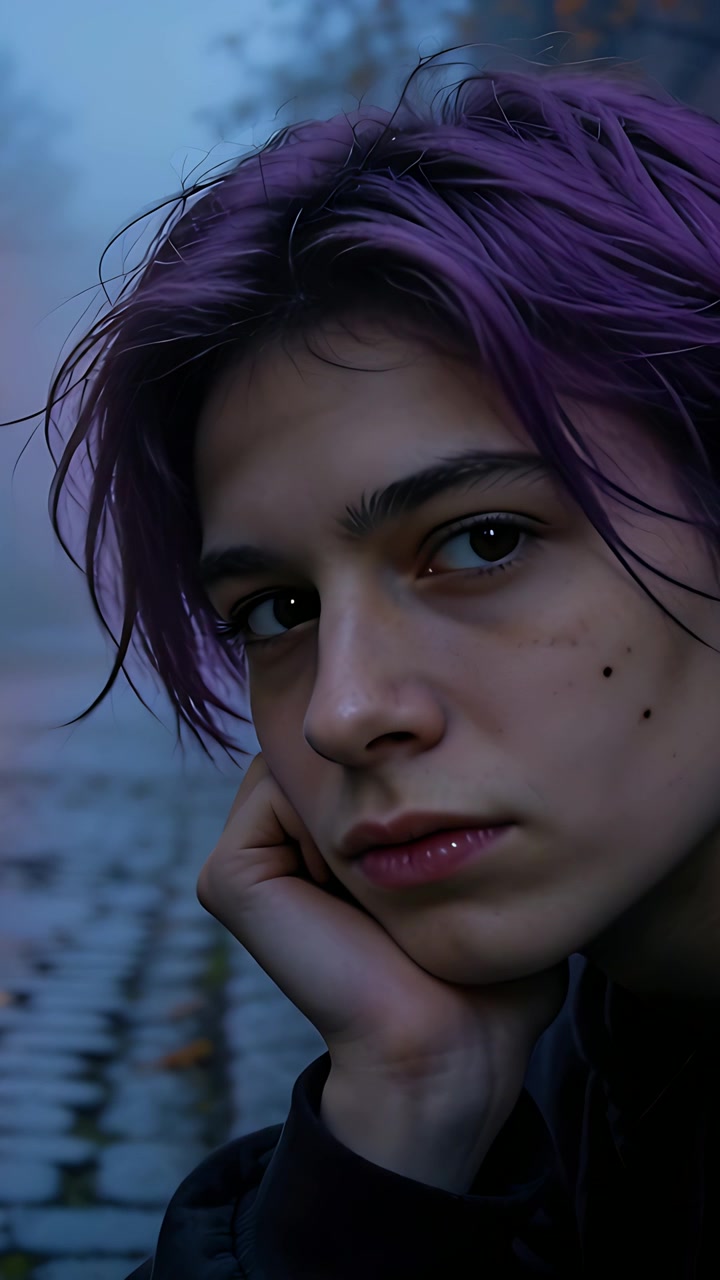Video verticale: La telecamera inquadra un uomo dai capelli viola che appoggia il mento, riflettendo su un sentiero nebbioso, ciottoli bagnati