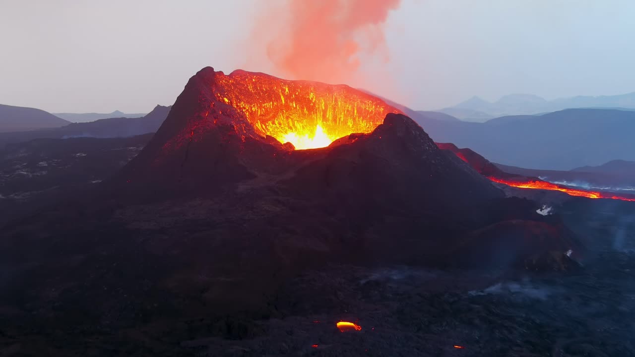 Spectacular Aerial Of Lava Firefall Down Inner Cone Of Fagradalsfjall Volcano Volcanic Explosive Eruption At Night