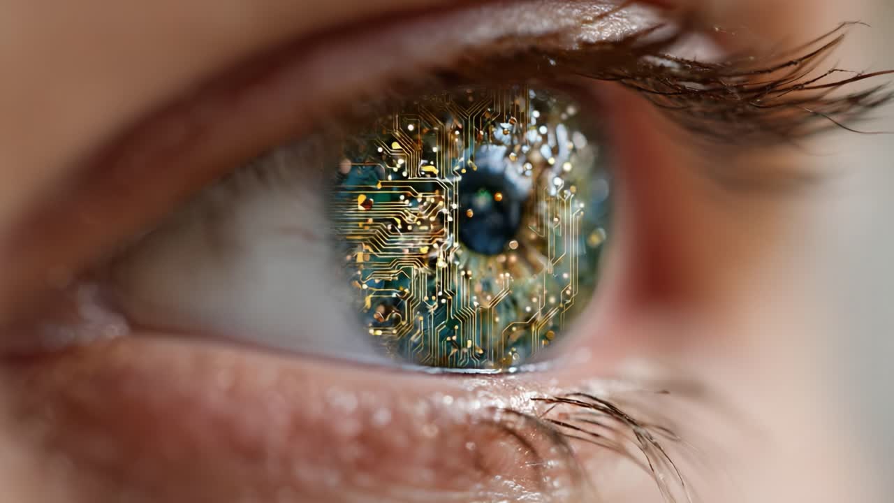 Exploring the Intersection of Vision and Technology: A Close-Up of a Human Eye Incorporating Complex Circuitry in Its Iris, Merging Organic and Digital Worlds