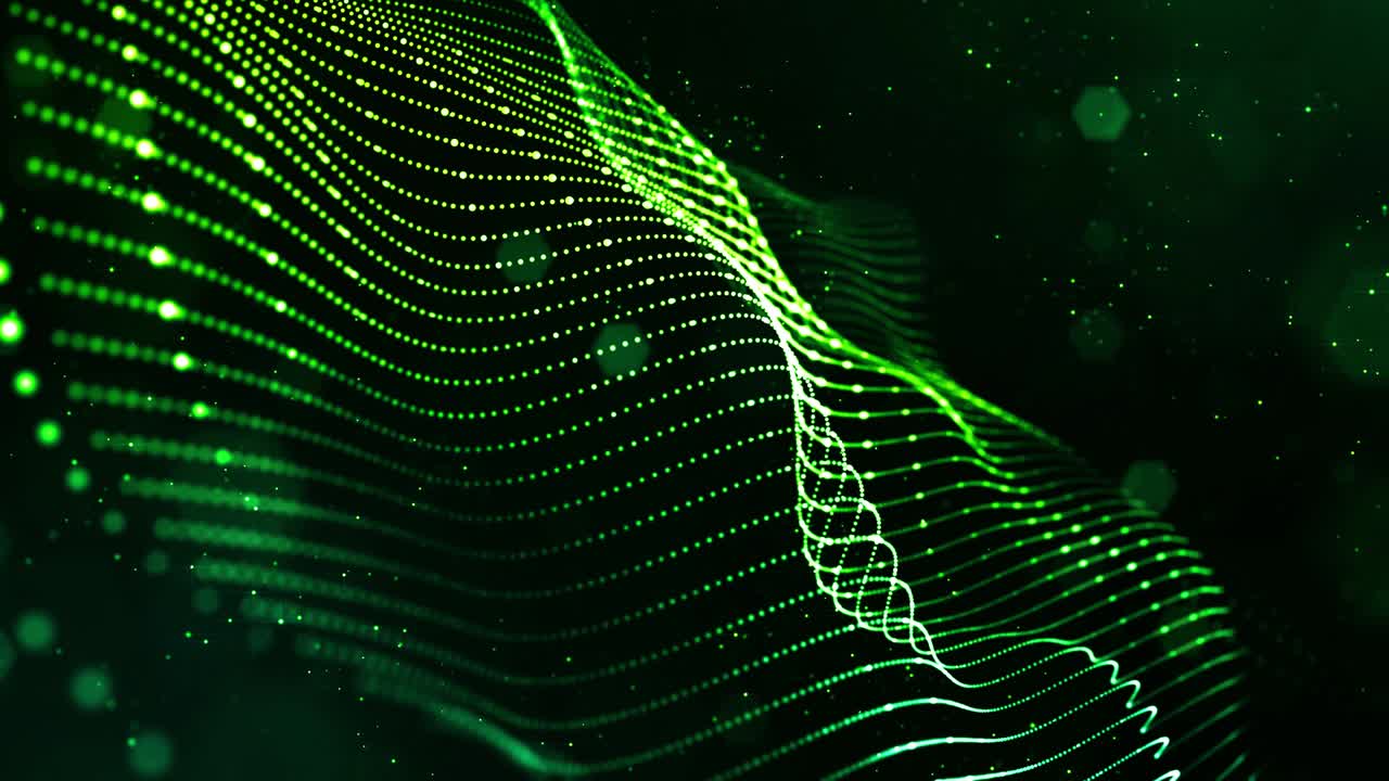 4k looped science fiction particle background with bokeh, light effects. Glow green color particles form lines, surfaces, complex structures. Suitable for sci-fi themes or as vj loop motion design bg