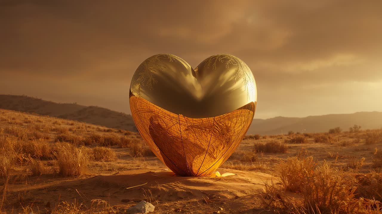 Shifting cloud light causing gold heart sculpture showing shifting gleams on mound in arid plain