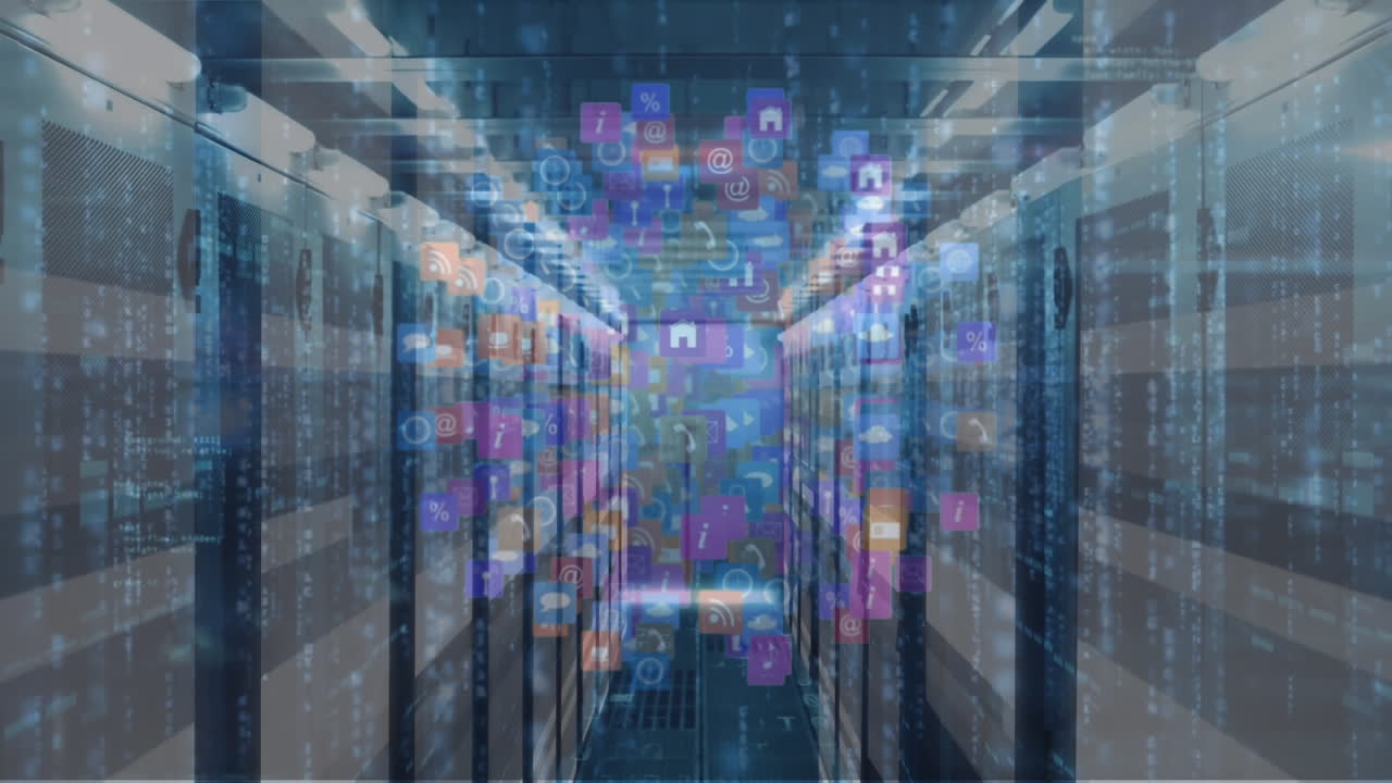 Animation of globe with icons and data processing over server room