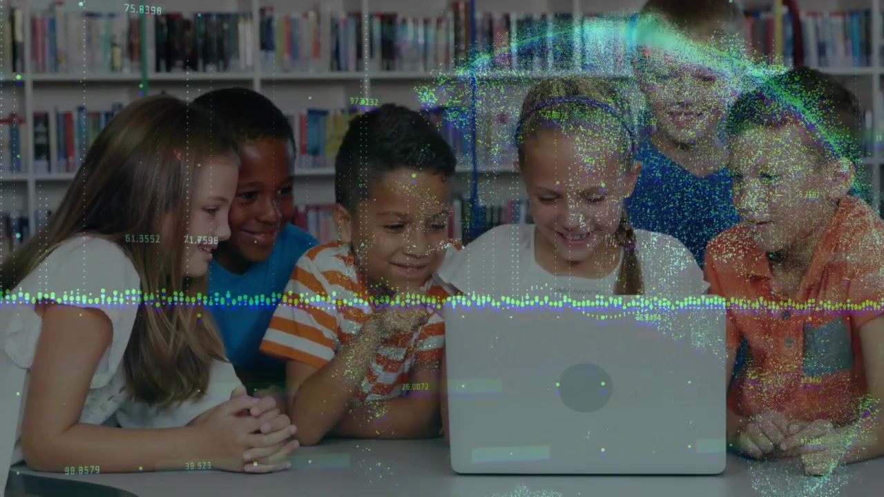 Six kids crowding laptop, girl operating laptop starting waveform overlaying scene for learning