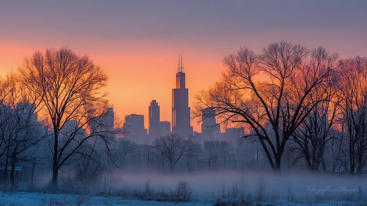Captivating Winter Sunrise Over a City Skyline with Silhouetted Trees Framing the Scene, Creating a Serene and Ethereal Atmosphere