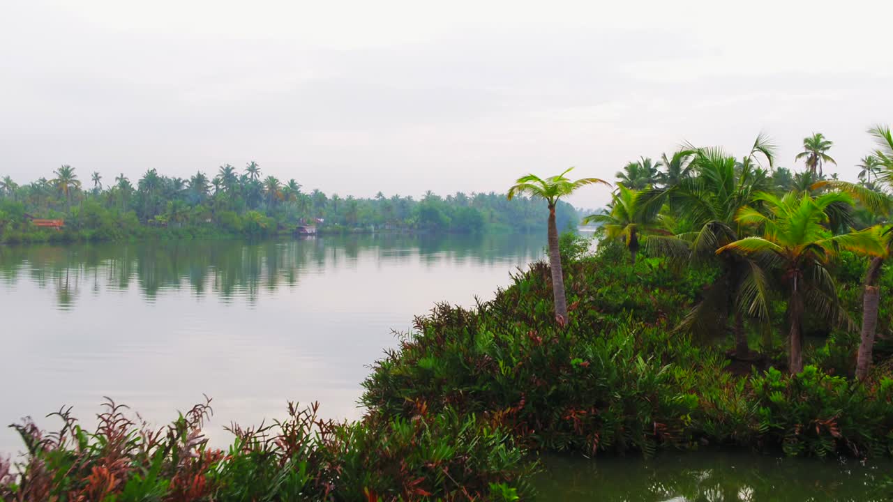 Bellezza paesaggistica di un lago di backwater con sfondo verde naturale