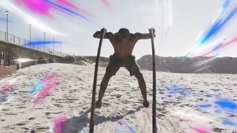 Animation-of-glowing-lights-over-an-exercising-african-american-man