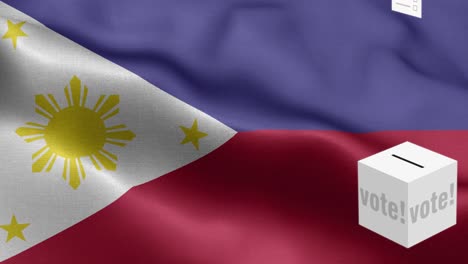 ballots fly to box for philippines selection - ballot box in front of flag - election - vote - flag of philippines - philippines flag high detail - national flag philippines wave pattern loopable elements - fabric texture and endless loop