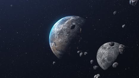 earth and moon in asteroid field