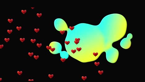 Animation-of-hearts-over-green-stains-on-black-background