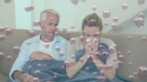 covid-19 animation shows virus cells and sneezing couple, highlighting pandemic.