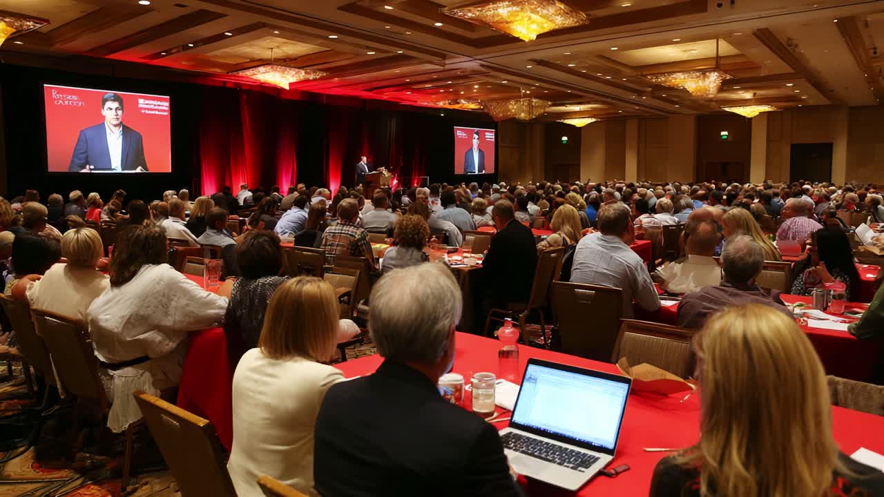 A large audience attentively listens to a speaker during a conference or seminar, with red and white decorations creating an engaging atmosphere for sharing knowledge and networking opportunities