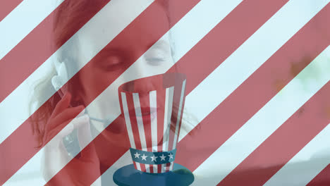 animation of in american flag hat and stripes over caucasian woman talking using phone headset