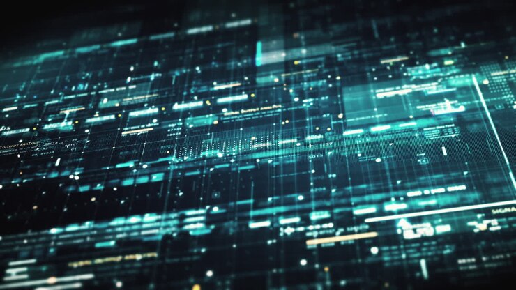 Advance data matrix, telemetry and encrypt numbers simulation user interface display in cyber space abstract de-focus environment background