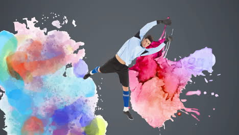 animation of football goalkeeper over colourful squiggles on grey background