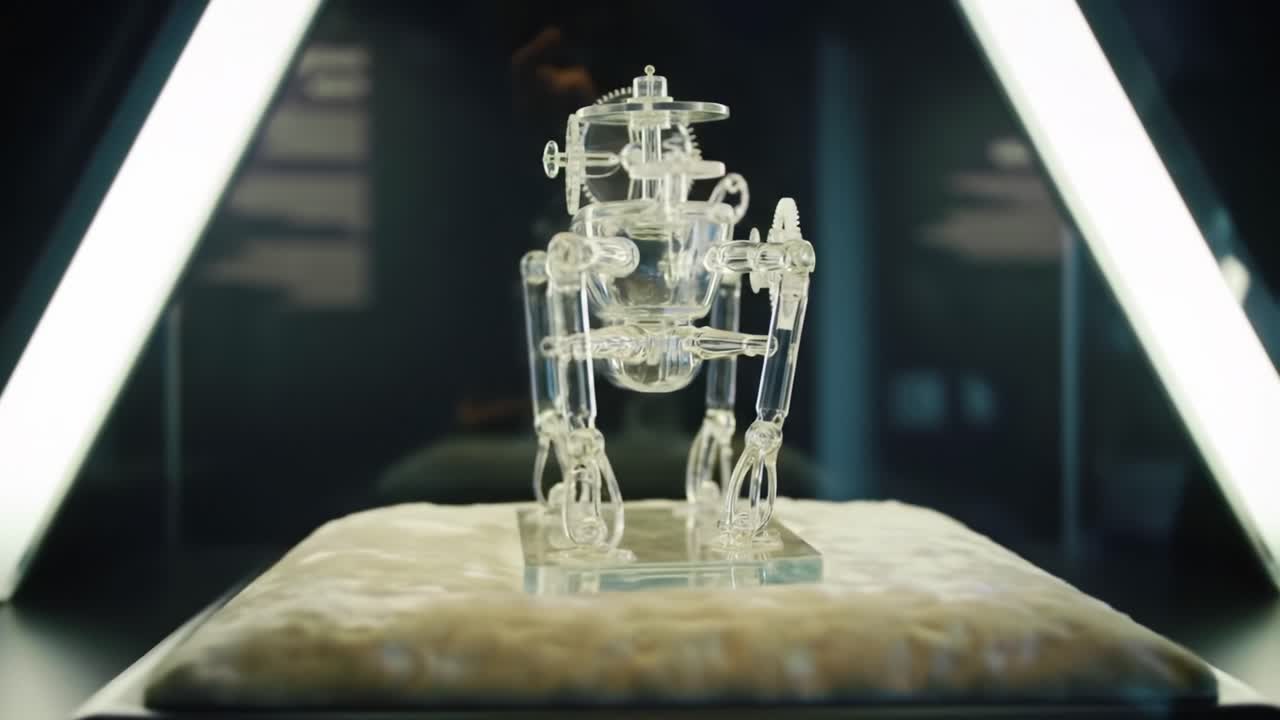 Intricate Transparent Robot Model Showcased Under Dazzling Lights, Illuminating Its Complex Mechanisms and Design in a Captivating Display Setting
