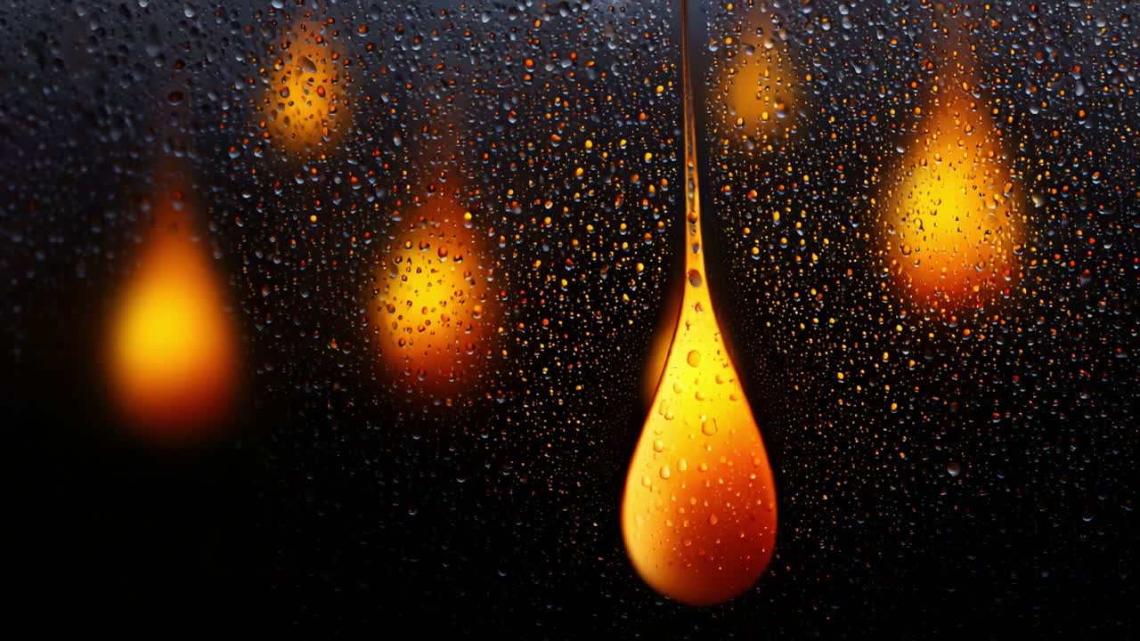 A Close-Up View of Raindrops on a Window with Softly Glowing Orange Lights in the Background, Creating a Beautiful Melancholic Atmosphere of a Rainy Night