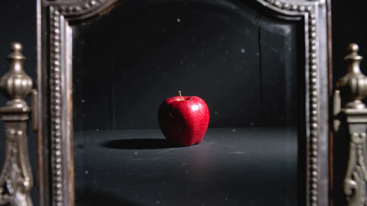 Zooming camera framing red apple into focus in studio with ornate frame, revealing glossy skin