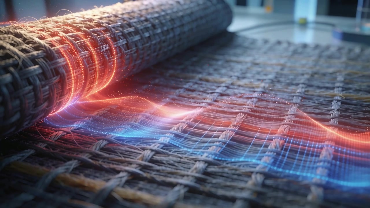 Emerging red-blue wave moving from rolled edge across woven textile on bench, grid mesh for testing