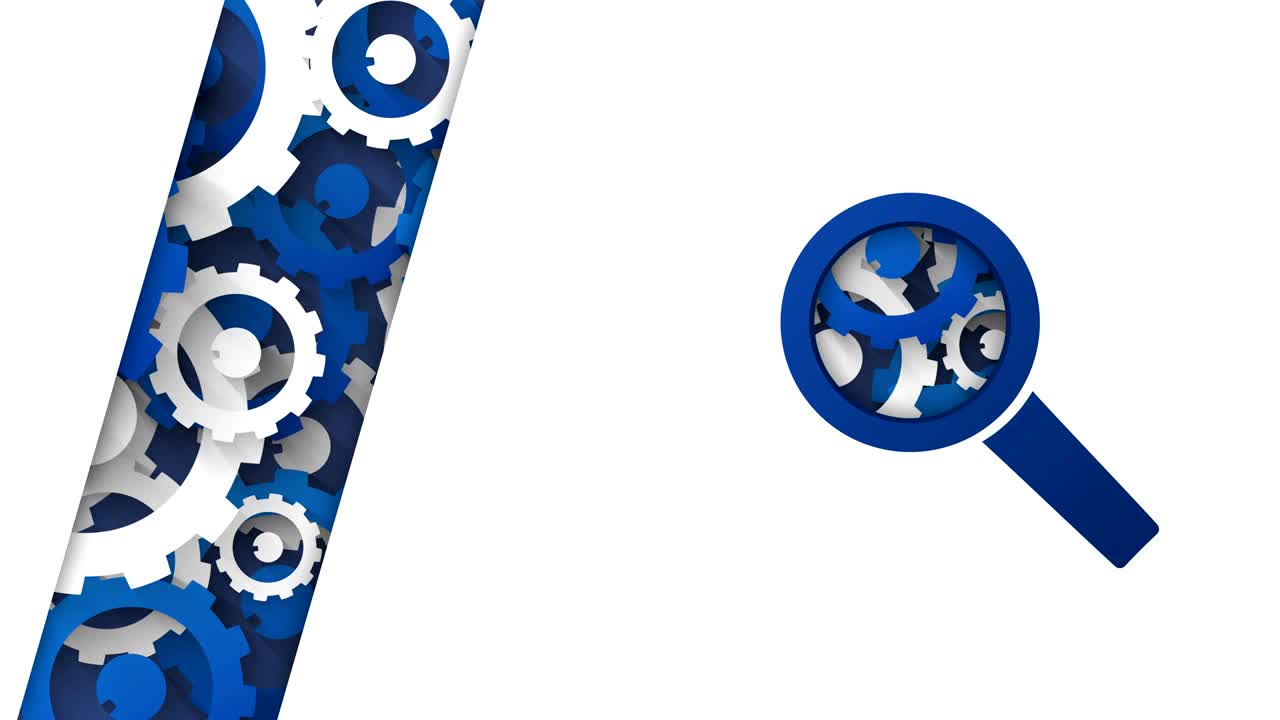 búsqueda de concepto de lupa con abstractos engranajes azules y blancos de fondo