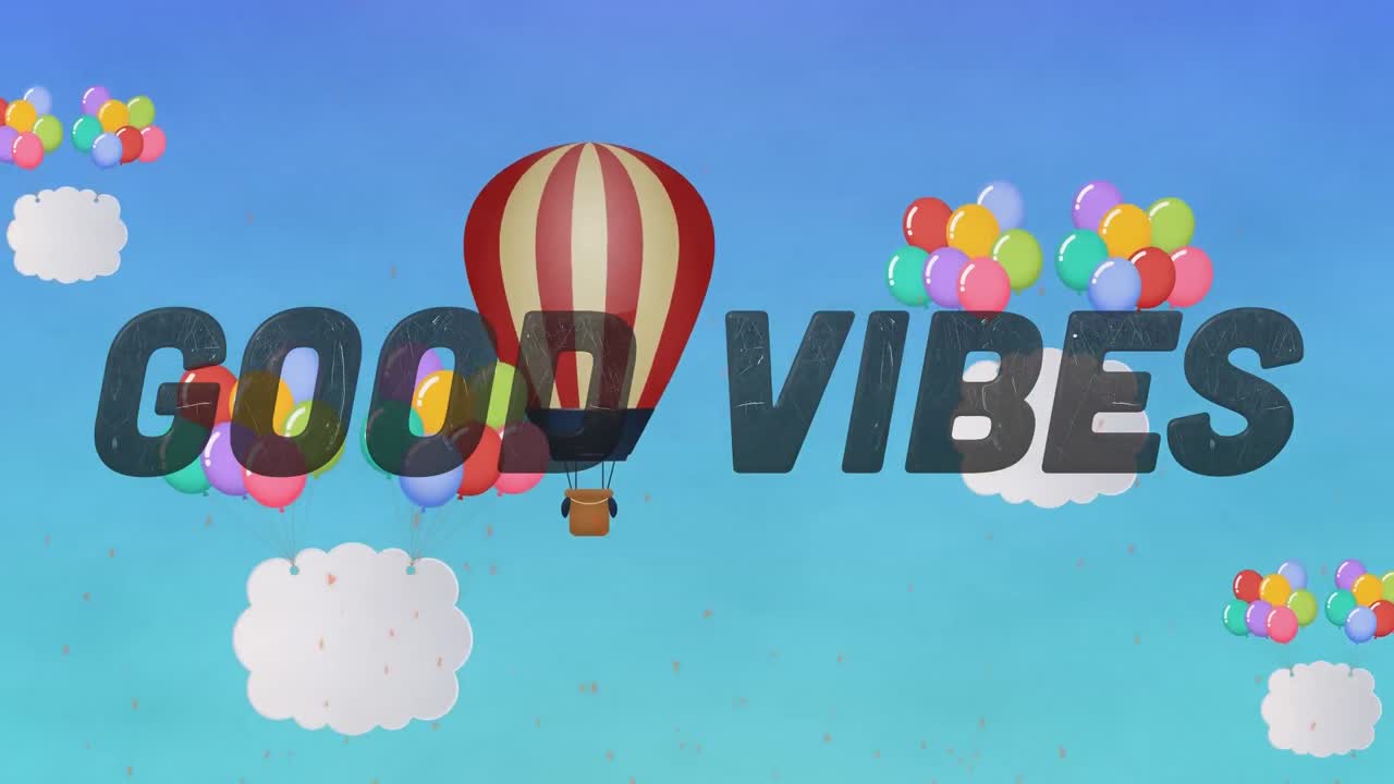animación de las palabras buenas vibraciones en negro con globo de aire caliente, globos y nubes en azul