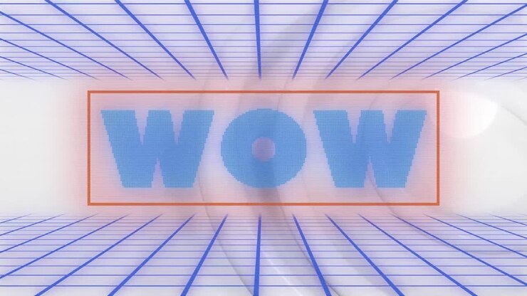 Animazione del testo 'wow' con linee blu su cerchi su sfondo bianco