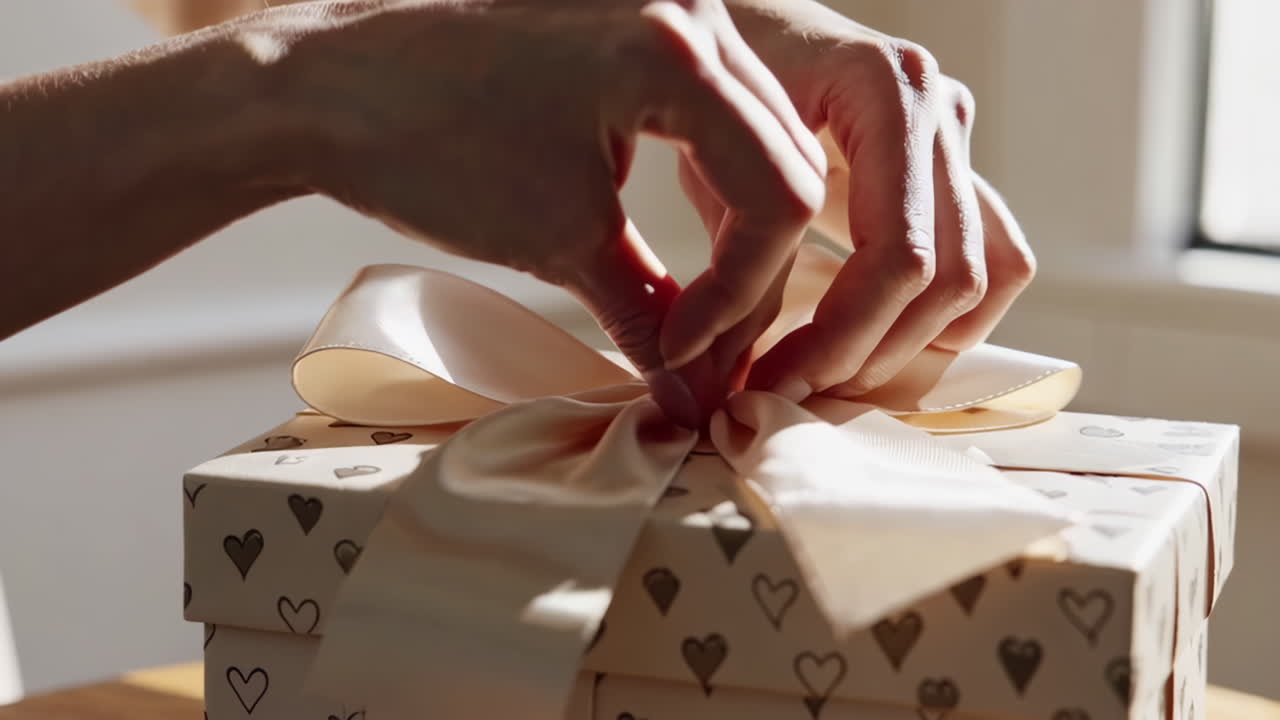 Hands Tying a Ribbon on a Heart-Patterned Gift Box