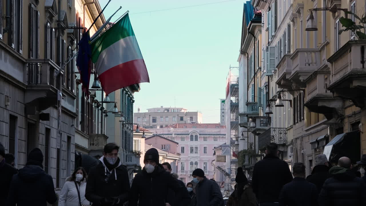 Crowd Of People In Masks Walking On The Street In The City Of Monza In Italy. Coronavirus New Normal. static shot