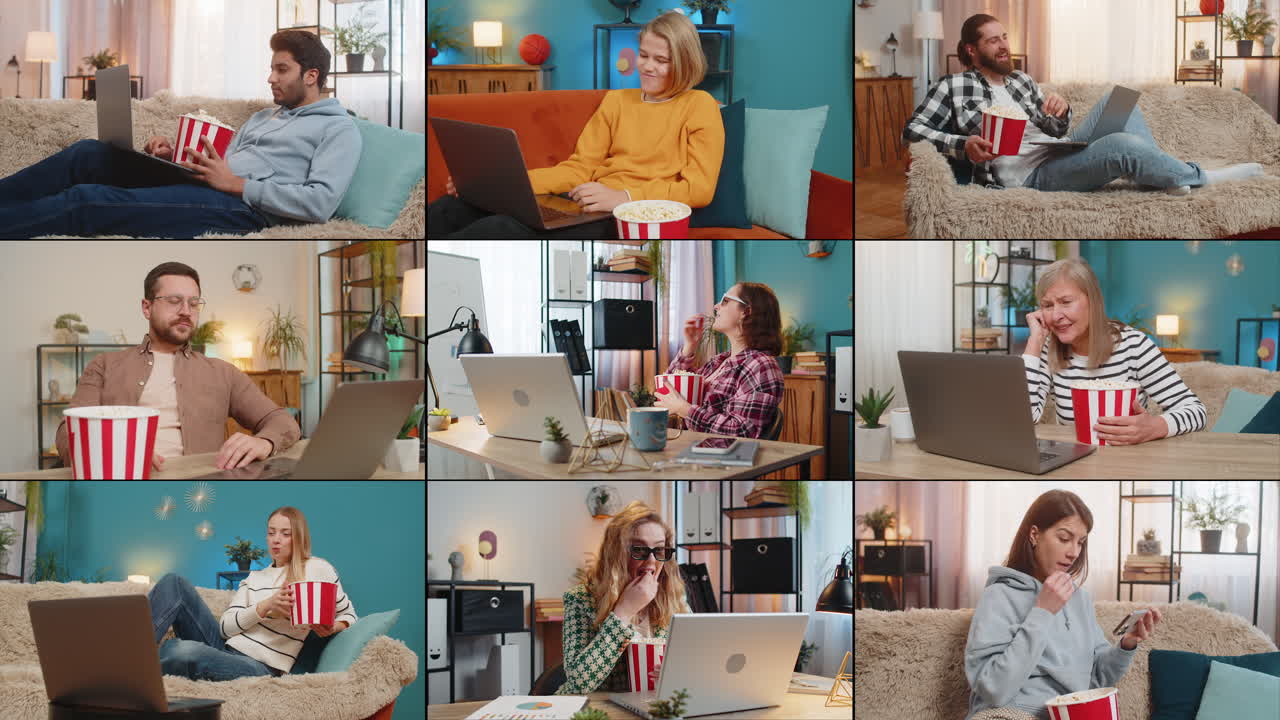 collage de personas felices hombres mujeres viendo películas en la computadora portátil comiendo palomitas de maíz mientras están sentados en casa