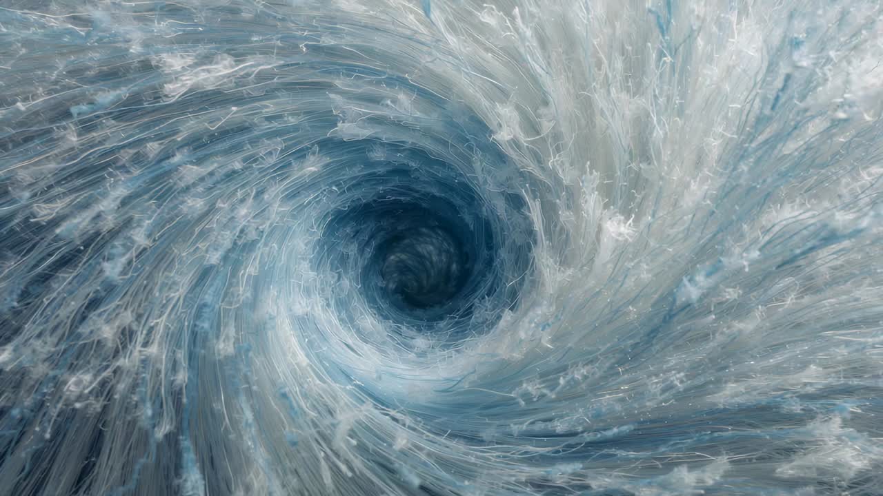 Spinning central water vortex pulling flow streaks inward from turbulence at open sea, with foam