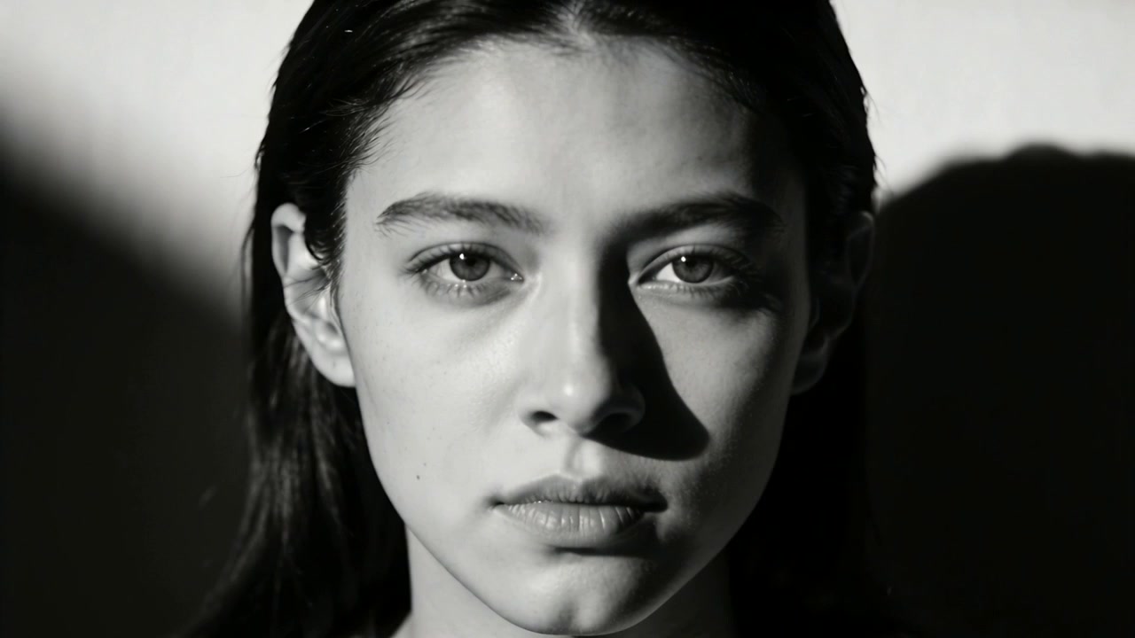 Revealing model holding gaze while camera pulling back in studio spotlight casting shadow for shoot
