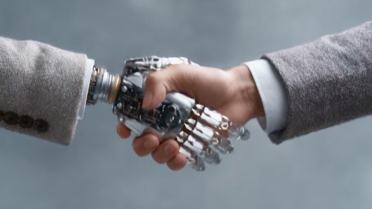 Un incontro ravvicinato tra uomo e macchina: questa rappresentazione visiva cattura un momento in cui l'intelligenza umana incontra la precisione robotica in una simbolica stretta di mano