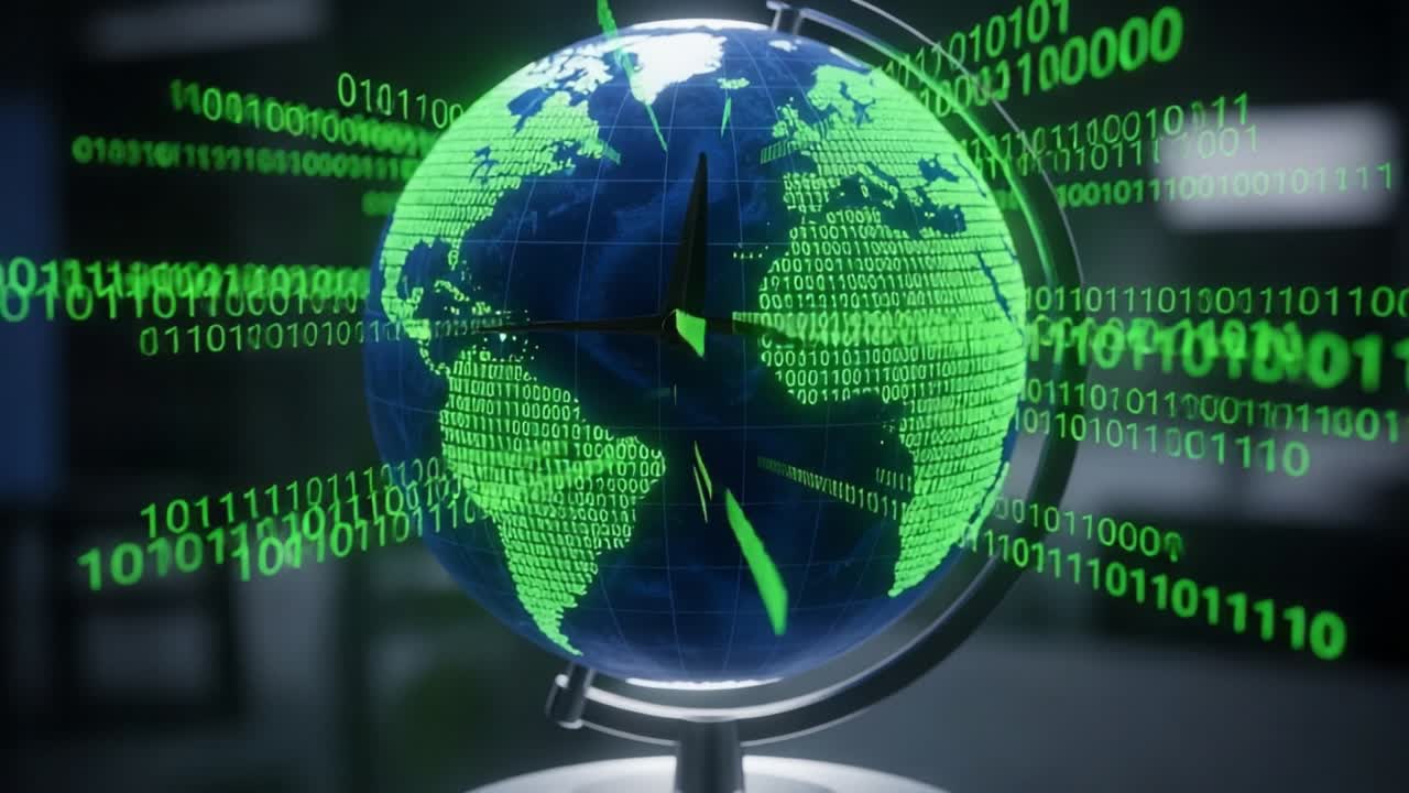 A Digital Globe Showcasing Global Connectivity and Data Representation with Binary Code Overlay, Emphasizing the Intersection of Geography and Technology