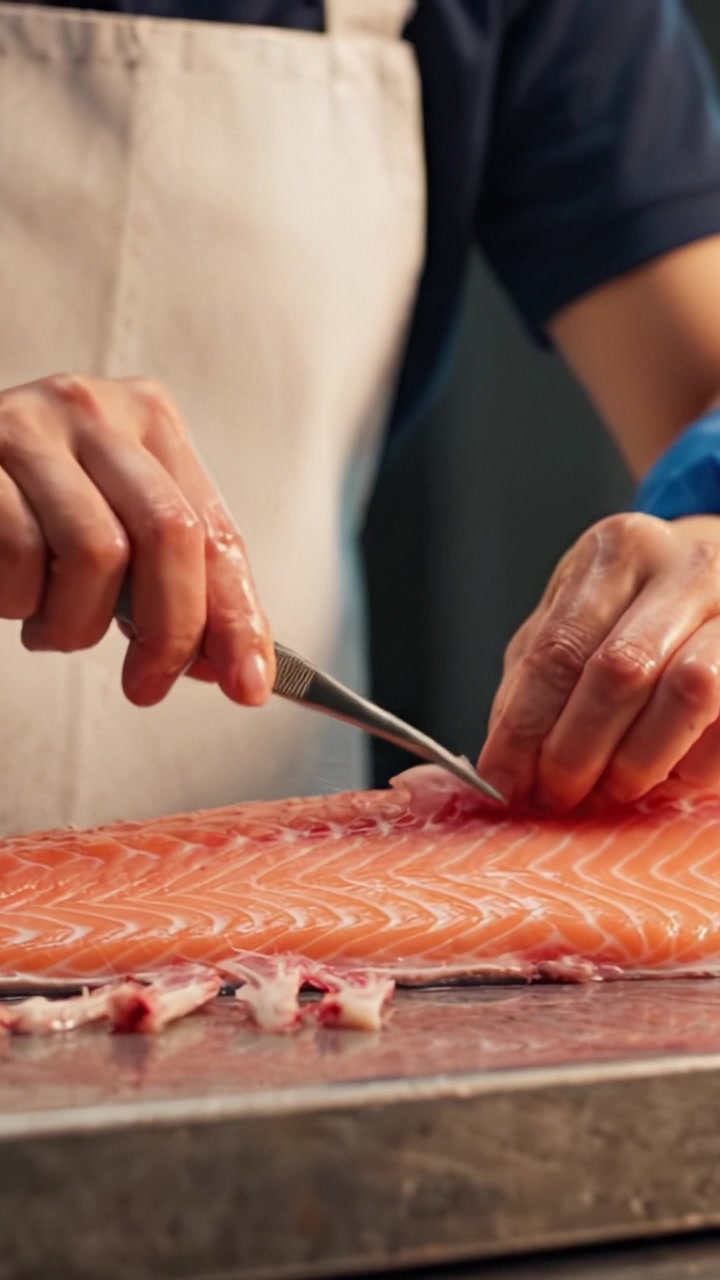 Skillful hands carefully preparing fresh salmon, showcasing the artistry of filleting fish, highlighting precision, technique, and culinary craftsmanship in a kitchen setting.