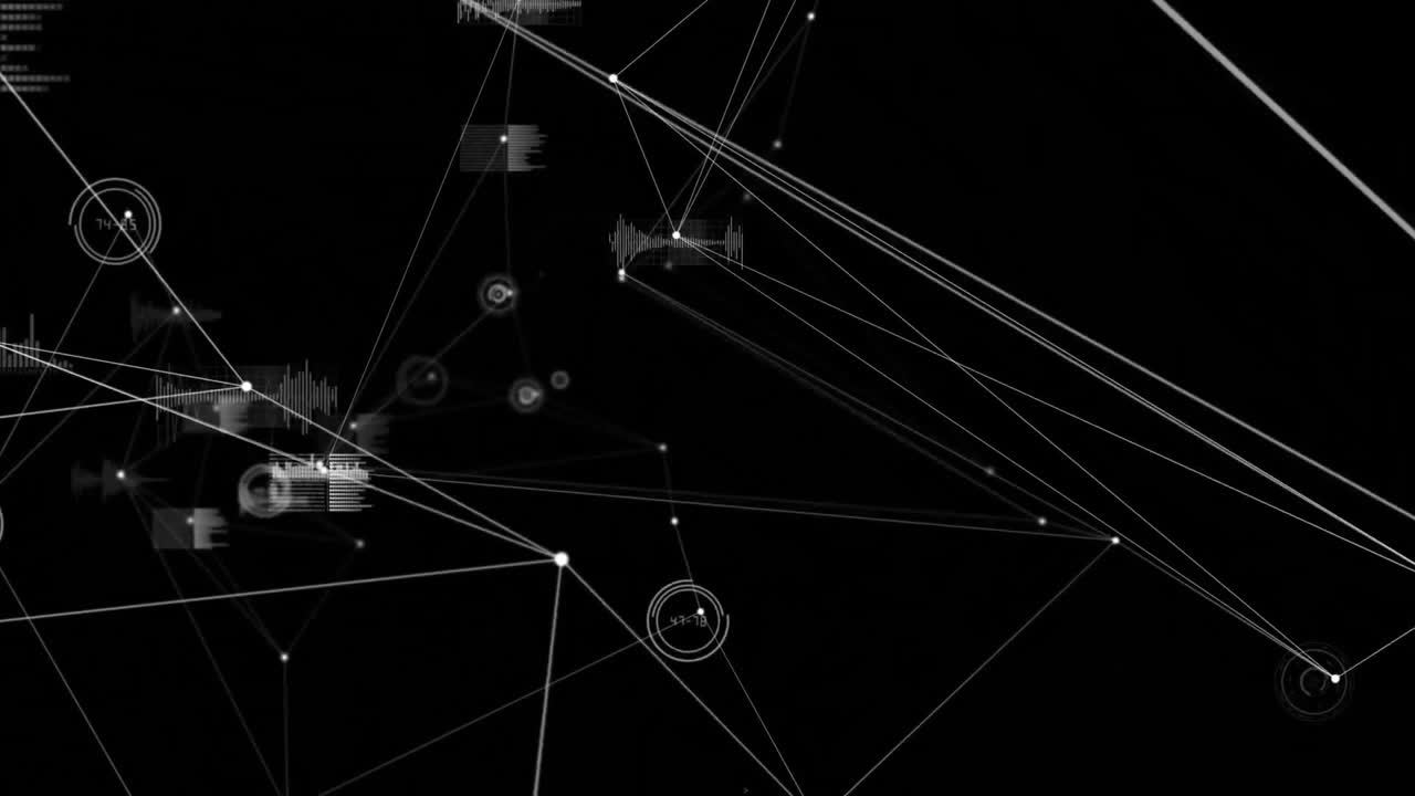 Animation of network of connections over data processing on black background