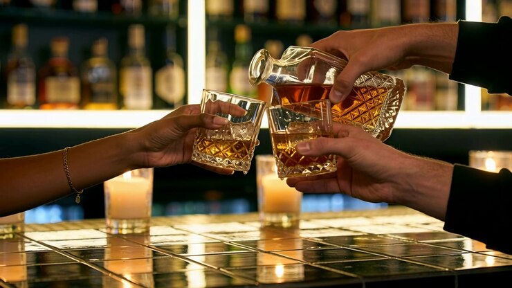 Inclinando il decanter, una mano versa riempiendo il bicchiere centrale tra tre sul bancone, amici che alzano i bicchieri per un brindisi