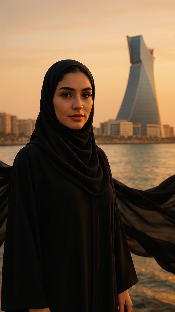 Young Muslim woman wearing a traditional abaya, enjoying the serene sunset on a waterfront promenade in Abu Dhabi, with modern skyscrapers creating a stunning cityscape backdrop