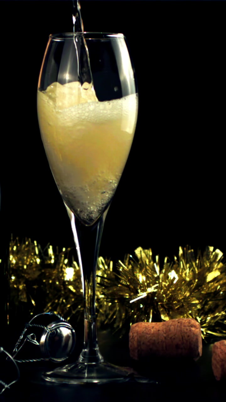 Champagne versato in un bicchiere con decorazioni dorate festive