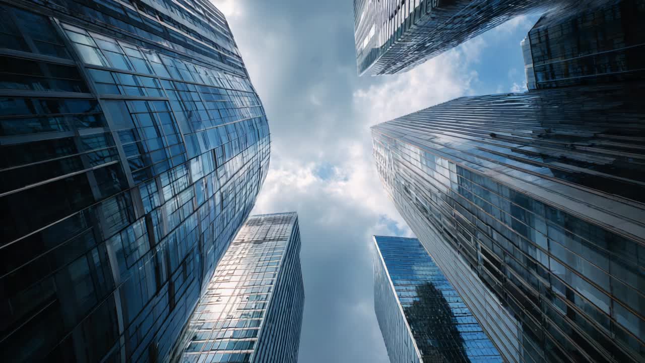 Stunning Skyscrapers and Modern Architecture: A Captivating Perspective from Below, Showcasing Gleaming Glass Facades Under a Dramatic Sky Captured in Two Distinct Frames