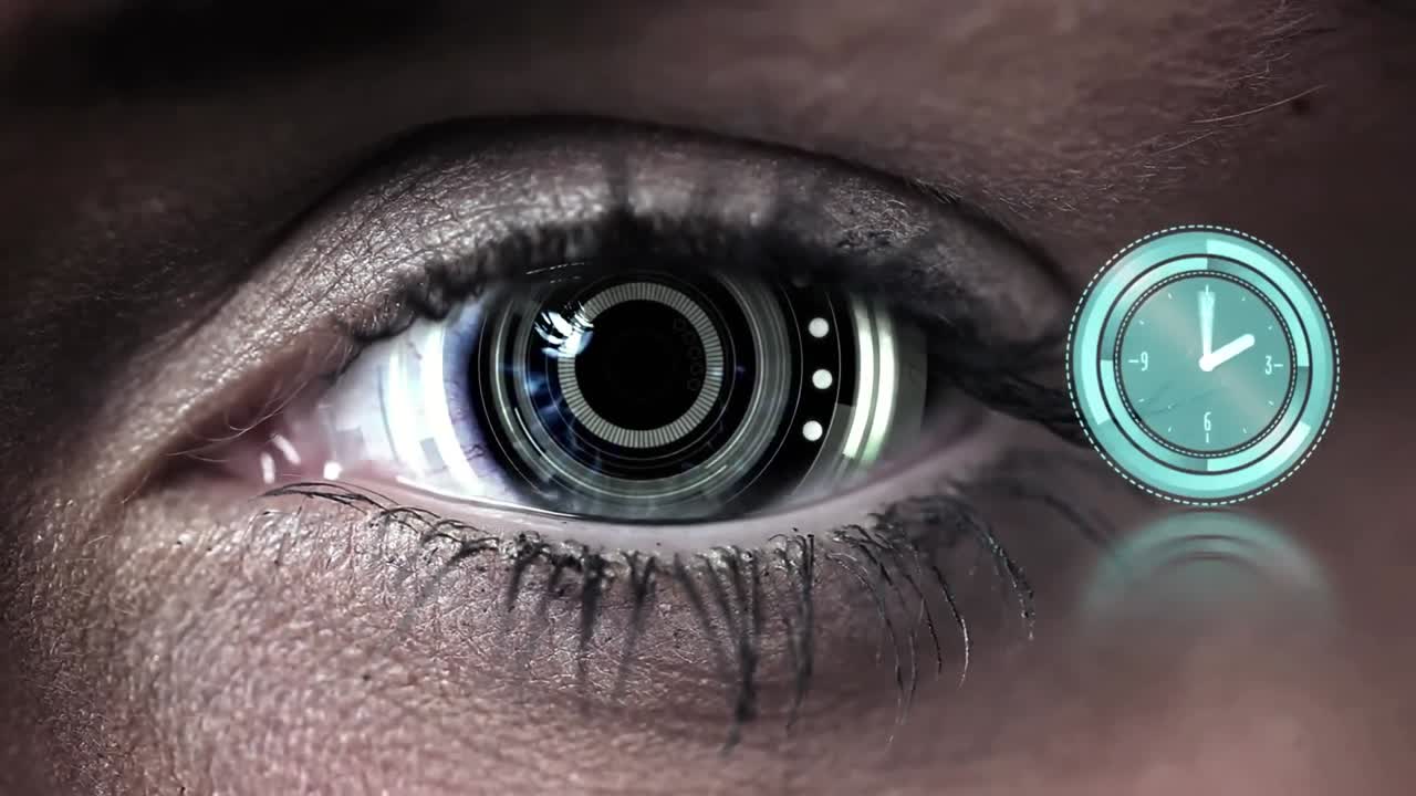 Animation of digital interface and clock over woman's eyes