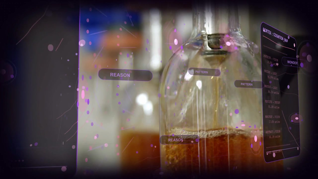 Vertical video: Nozzle releasing droplet, filling flask with amber liquid while lab UI monitoring