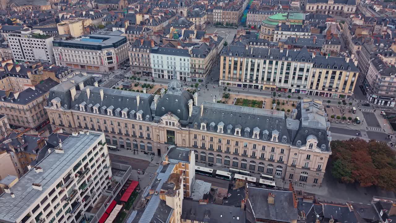Aerial drone view of Republique neighborhood in Rennes, France, Palais du Commerce and historic city center
